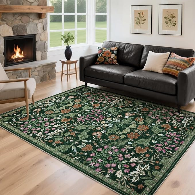 Floral Area Rug for Living Room: 5x7 Washable Soft Low Pile Thin Indoor Carpet, Non Slip Stain Resistant Vintage Flower Boho Accent Rugs for Bedroom, Dining, Home Office - Green