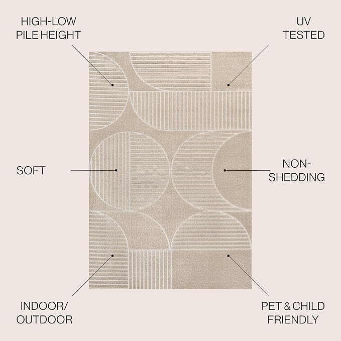 JONATHAN Y Nordby High-Low Arch Striped Indoor/Outdoor Area Rug, 4x6, Beige/Cream, for Patio, Backyard, Living Room, Bedroom, Office, Hose-Washable (SCN104E-4)