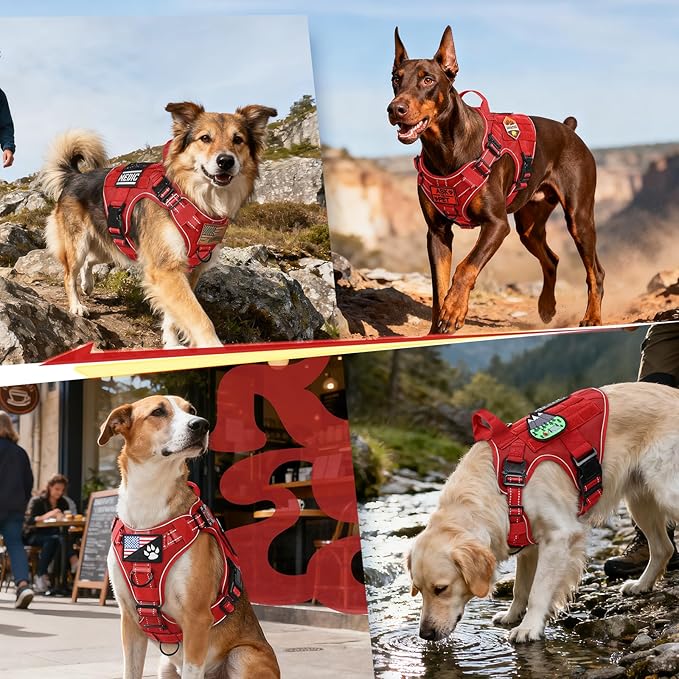 rabbitgoo Tactical Dog Harness Medium Large Sized, No Pull Upgraded Reflective Heavy Duty Molle Vest with Handle, Adjustable Military Service Dog Vest for Walking Hiking Training, Red, M