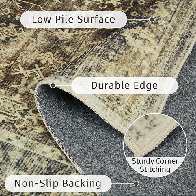 DCX Washable 5x7, Kid & Pet Friendly with Rubber Back Non Slip, Stain Resistant Vintage Rug for Living Room, Bedroom, Home Office, Soft Low Pile Large Farmhouse Distressed Carpet, Brown