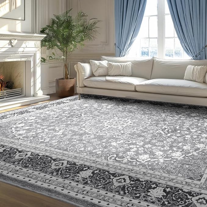 Lessymo Area Rugs 9x12 Living Room- Large Area Rug Machine Washable Area Rug for Bedroom Living Room, Vintage Rugs Boho Floral Medallion, Non-Slip Rubber, Low Pile, Kid & Pet Friendly, Grey White