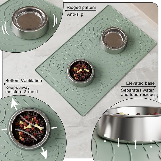 OHMO Dog Food Mat, Silicone Waterproof Cat Food Mat, Non-Skid Spill Proof Pet Feeding Mat for Food and Water, Easy to Clean Dog Placemat(Sage Green, 18.9" x 11.8")