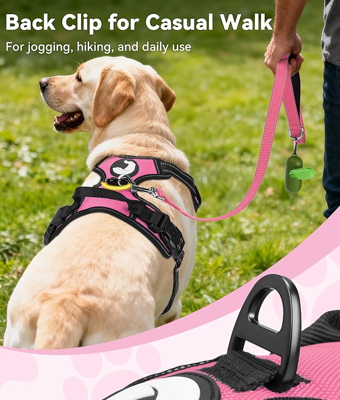 Joytale No Pull Dog Harness for Large Dogs, Reflective Pet Vest with Front Clip, Adjustable Soft Padded Harnesses with Easy Control Handle for Training and Walking, Pink, L