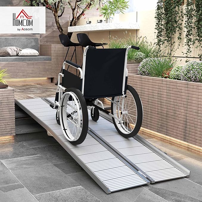HOMCOM Wheelchair Ramp 8FT, Foldable Aluminum Threshold Ramp with Non-Slip Surface and Handle, 600lbs Weight Capacity, Suitcase Handicap Ramp for Home, Doorways, Curbs, Steps