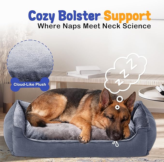 Makigued Rectangle Dog Bed for Large Size Dog with Removable Washable Cover Pet Bed with Bolster Sides Non-Slip Bottom Pet Sofa Waterproof Lining Durable Pet Cuddler, Dark Grey, 35x 26x 7.5 in