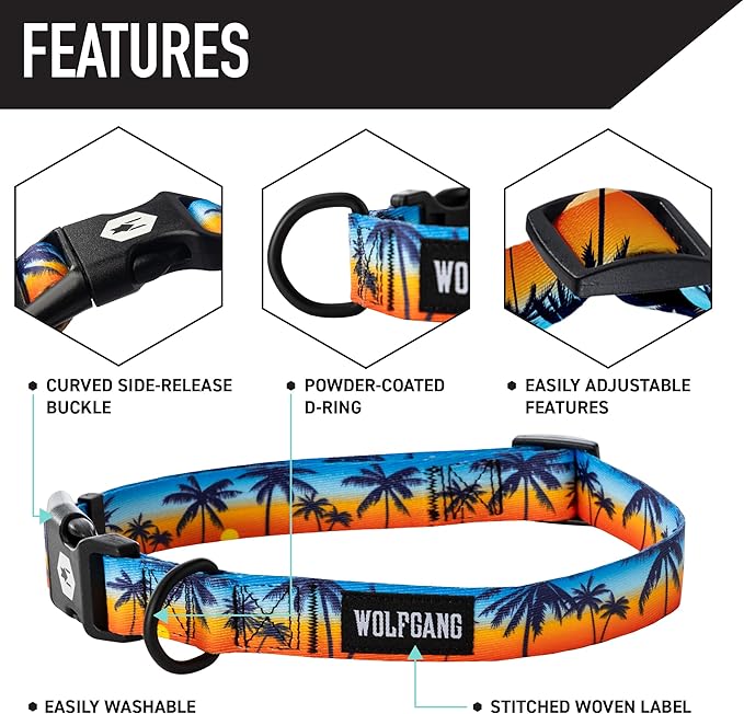 Wolfgang Heavy Duty, Adjustable Dog Collar with Quick Release Nylon Buckle for Walking & Training, SunsetPalms Print, Medium