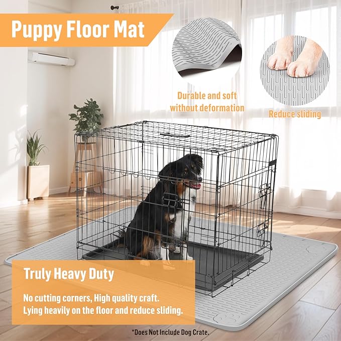 Silicone Dog Bed Mat, 57"x 40" Crate Mat for Dog Cages, Kennel Mat with Raised Edge, Washable, Waterproof, Leakproof, Protect Floors (Light Grey)