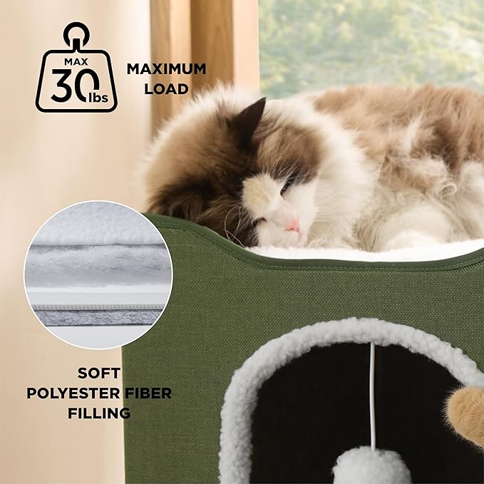 Bedsure Cat Beds for Indoor Cats - Large Cat Cave for Pet Cat House with Fluffy Ball Hanging and Scratch Pad, Foldable Cat Hideaway, 16.5x16.5x13 inches, Loden Green