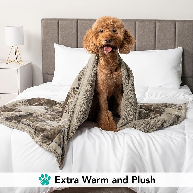 PetAmi Dog Blanket for Bed, XL Pet Blanket Large Dogs, Fleece Furniture Couch Cover Protector Sofa Car Crate Kennel, Soft Sherpa Cat Throw Plush Reversible Washable, Twin 60x80 Plaid Taupe