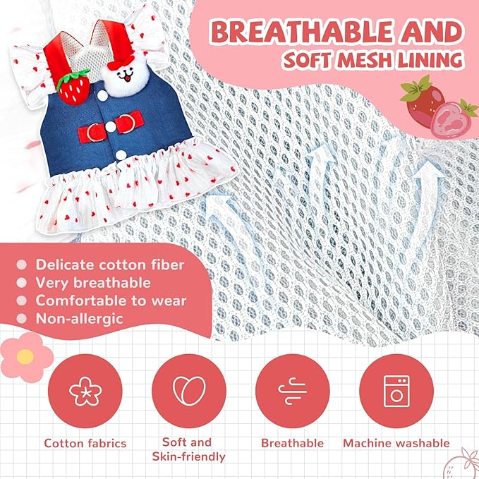 Small Dog Harness and Leash Set Denim Cat Harness Dress for Puppy Clothes for Girls Pink Dog Birthday Dress French Bulldog Harness with Strawberry Bear Decoration