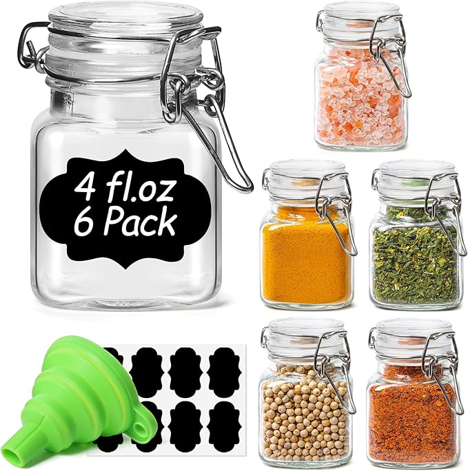 ComSaf 4 oz Glass Jars with Lid, Set of 6 Mini Airtight Glass Jars, Spice Jars, Small Mason Jar, Canning Jar Square with Seal Wire Clip Fastening, Labels & Funnels for Jam, Honey, Kitchen, Wedding