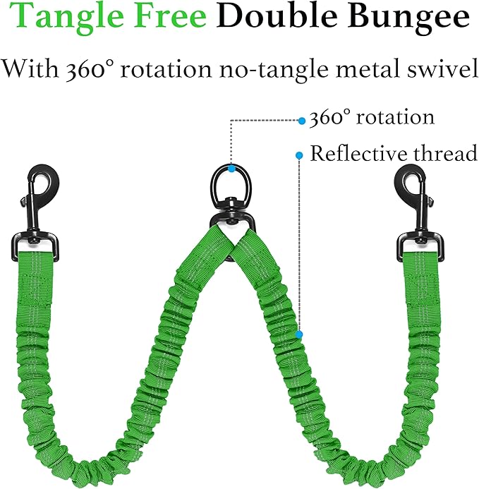 iYoShop Dual Dog Leash - 360° Swivel, No Tangle Walking Leash with Shock Absorbing Bungee for Two Dogs (Large, 25-150 lbs, Emerald)