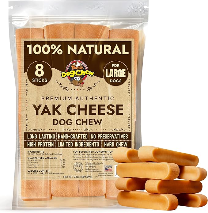 Tibetan Dog Chew Yak Cheese Sticks (8 Large Chews) - Natural Handmade Treats for Large Dogs, Long-Lasting, Easy to Digest with No Additives, Rawhide, Grains or Gluten, Perfect for Aggressive Chewers