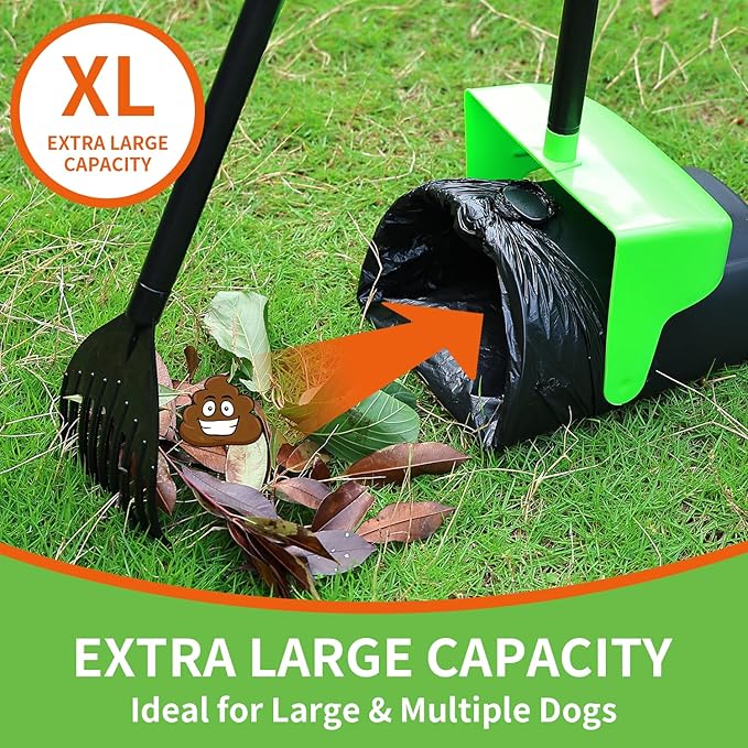 Pooper Scooper Large Swivel Bin & Rake with 160 Waste Bags,Heavy Duty Dog Pooper Scooper with Bag Attachment for Dogs, Long Handle Poop Scooper with Lid for Yard, Grass, Gravel(Green)