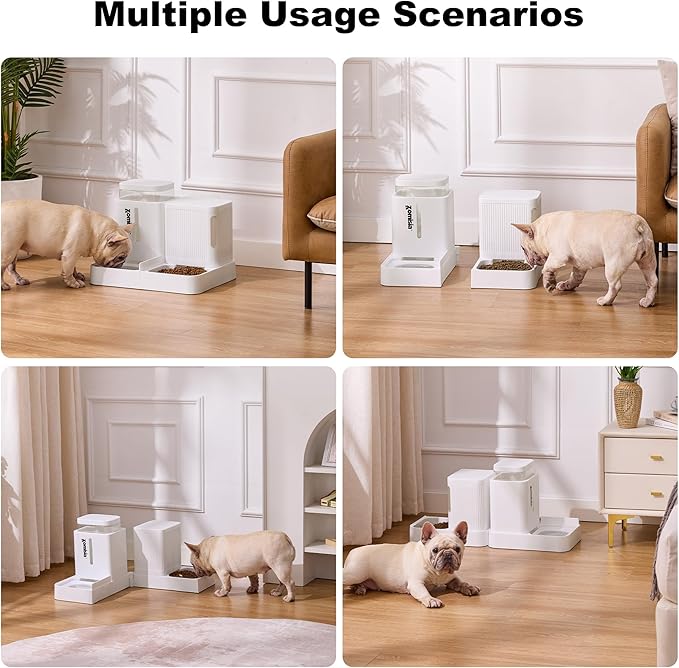 Gravity Dog Food and Water Dispenser, 2 in 1 Automatic Dog Feeder with 180 Degree Rotatable, 2 Pack Large Capacity Self Feeding for Small Dogs Puppy, White, 1.6GALx2