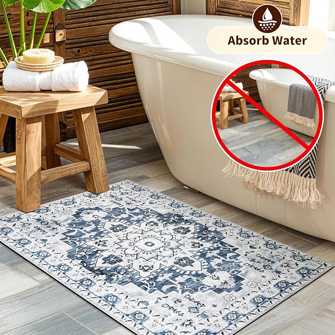 LBRO2M Boho Rug for Entryway Indoor Washable Rugs 3X5 Front Door Rug Blue Non Slip Throw Rugs, Small Rug for Bathroom Kitchen Rugs Pet Friendly Area Rugs Low Piles (3'X5' Light Blue)