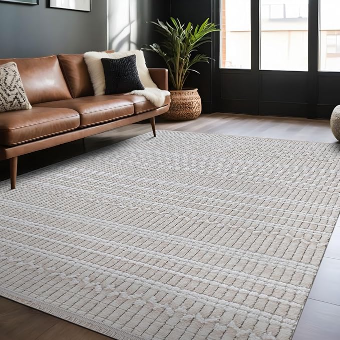 Modern Indoor Rug Stripe 4x6 Area Rugs for Living Room Luxury Kitchen Bedroom Durable Soft Geometric Durable Low and High Pile Stain Resistant Non Shedding Area Carpet 4x6