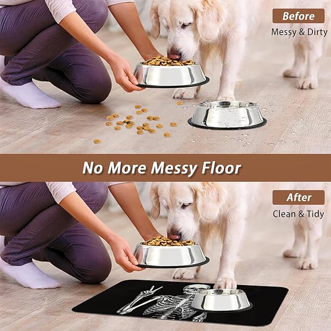 Funny Skull Skeleton Dog Food Mat for Floors,Absorbent Quick-Dry Pet Feeding Mat,Cat Dog Bowl Mats for Food and Water,Non-Slip Pet Accessories Supplies 16"x24"