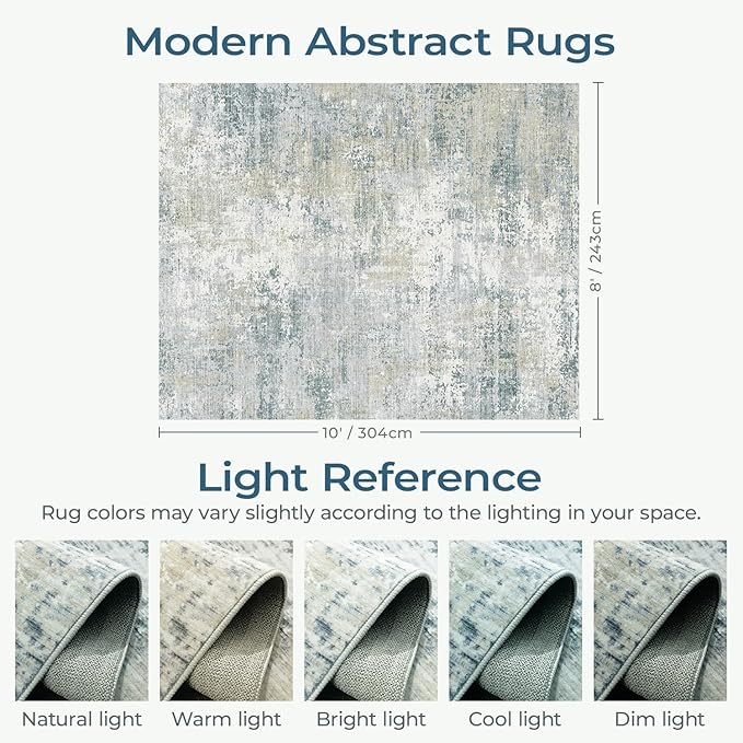 8x10 Washable Area Rug, Abstract Large Living Room Rug Non-Slip, Indoor Modern Low-Pile Accent Carpet for Bedroom Nursery Dining Room, Blue/Beige