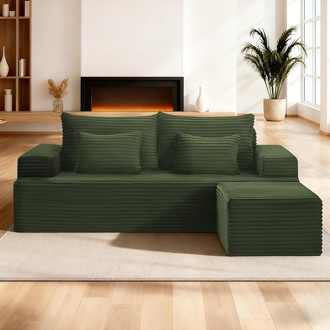 84'' Boneless Sectional Couch for Living Room, Convertible L-Shape Modular Sectional Sofa in A Box with Movable Ottoman,3-Seater Corduroy Cloud Couch 2 Throw Pillows, No Assembly Required, Light Green