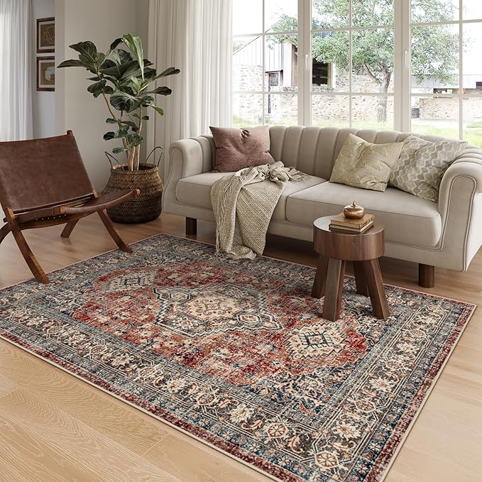 Lahome Oriental Washable Rugs for Living Room, 5x7 Area Rugs for Bedroom Ultra-Thin Non-Slip, Stain Resistant Vintage Low-Pile Throw Carpet for ?랣ining Room Office, Brick Red