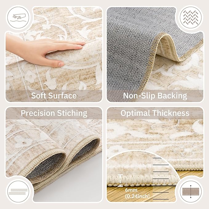 6x9 Area Rugs for Living Room, Neutral Washable Rugs for Bedroom, Floral Vintage Non-Slip Soft Throw Carpet for Dining Room Farmhouse (Beige, 6'x9')
