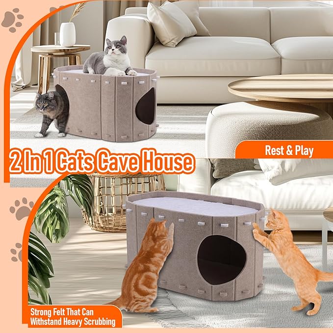 Cat House for Indoor Cats, Double Layer Cat Bed Cave, Large Space Cat Enclosed Bed for Home, Easy Assembly (Khaki, Large)