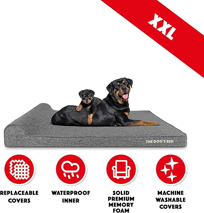 The Dog’s Bed Orthopedic Memory Foam Dog Bed with Headrest, Linen Fabric, Grey Linen, XXL, 4-Inch