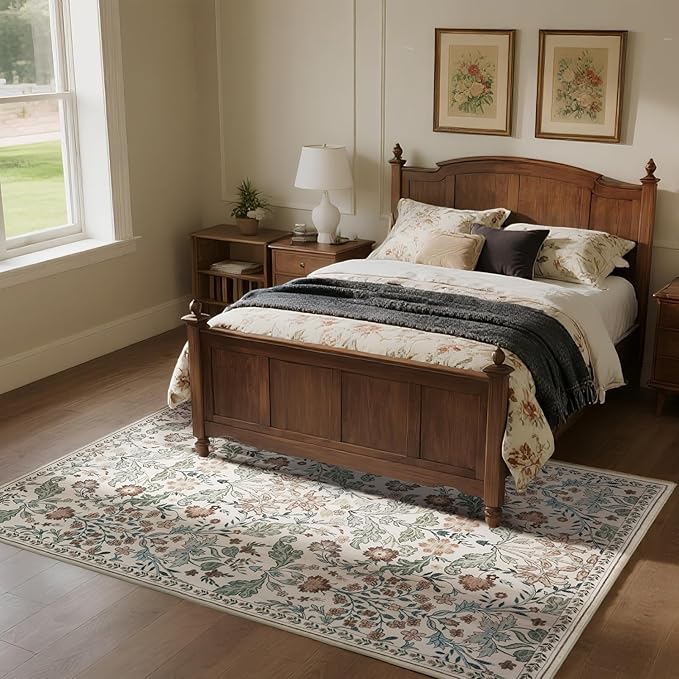 Floral Area Rug for Living Room: 5x7 Washable Soft Low Pile Thin Indoor Carpet, Non Slip Stain Resistant Vintage Flower Boho Accent Rugs for Bedroom, Dining, Home Office, Nursery - Beige