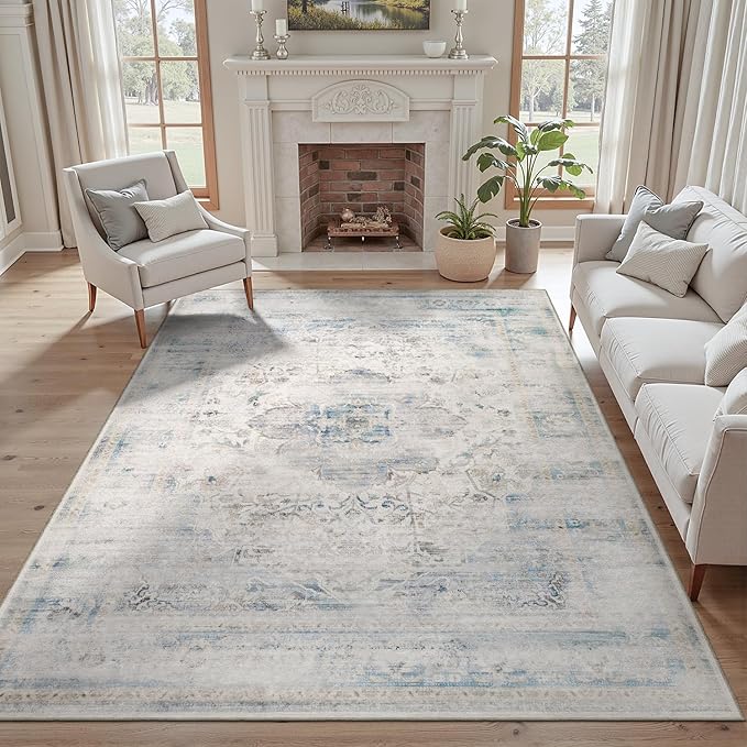 DCX 5x7 Haze Blue Rug, Machine Washable Stain Resistant Distressed Vintage Rug, Kid & Pet Friendly with Rubber Back Non Slip Soft Low Pile Large Carpet for Living Room, Bedroom, Home Office