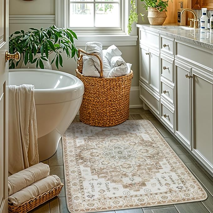 LBRO2M Rug for Entryway Indoor 2X3 Washable Rug Boho Design Door Carpet Throw Rugs for Kitchen Bathroom Non Slip Pet Friendly Area Rugs (2X3, Cream)