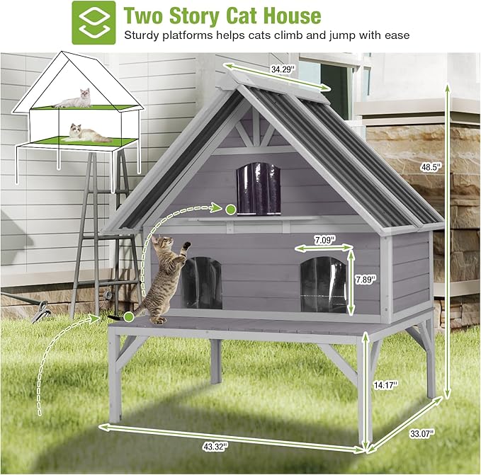 GUTINNEEN Heated Outdoor Cat House Insulated Cat Shelter with 2 Separate Levels, Insulated Liner, Heating Pad, Large Porch, Three Escape Doors for 2-4 Feral Cats Weatherproof