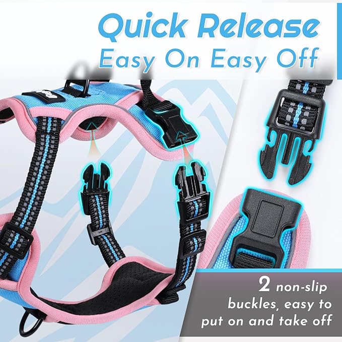 Eagloo Small Dog Harness No Pull, Service Vest with Reflective Strips and Control Handle, Adjustable and Comfortable for Walking, No Choke Pet Harness with 2 Metal Rings, Pink & Blue, XS