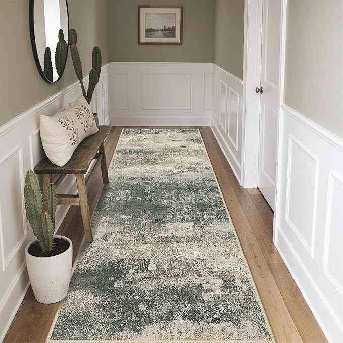 Runner Rug for Hallway Kitchen, 2'x6' Machine Washable Runners Rug for Entryway, Soft Modern Abstract Throw Rugs, Low Pile Floor Cover with Non Slip Backing, Grey/Dark Green