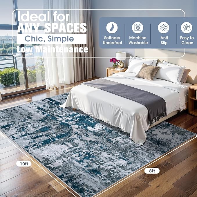 8x10 Area Rugs for Living Room Rug Washable: Abstract Large Rug for Dining Room Bedroom Carpet Non Slip 8 by 10 Indoor Modern Nursery Home Office Navy Grey