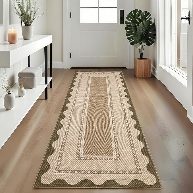 GarveeHome Hallway Runner Rug 2x6 Washable Modern Neutral Area Rug, Non Slip Low Pile Border Kitchen Mats for Floor, Contemporary Stain-Resistant Soft Accent Carpet for Bedroom, Entryway, Linen Color