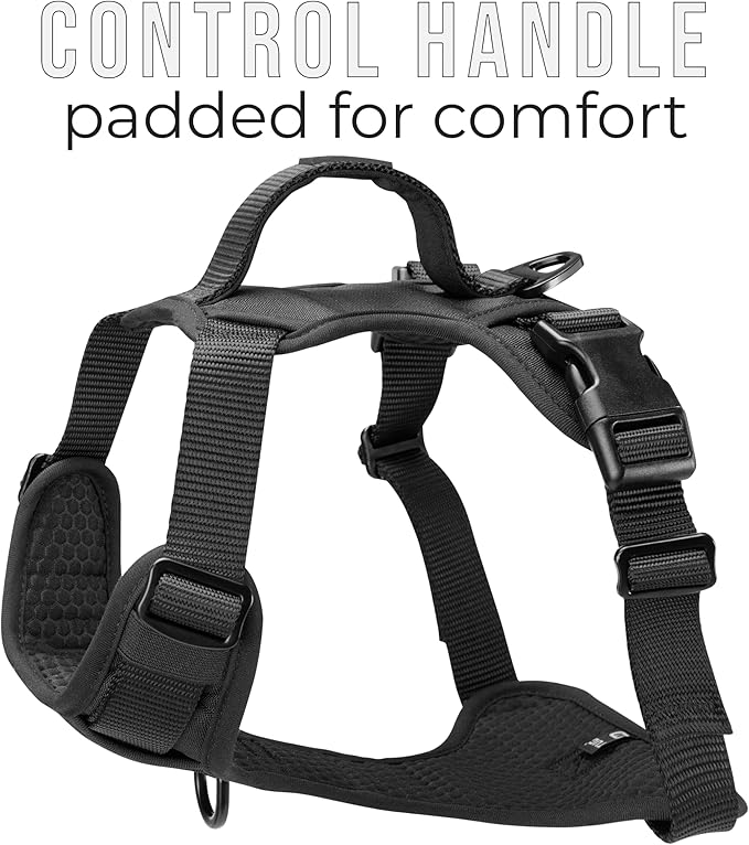 TUG Dog Harness with 2 Leash Connection Points | Adjustable, Padded, Lightweight | Handle on Back | No-Pull Front Clip (Small, Black)
