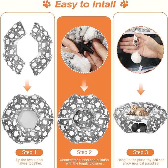 Cat Tunnels for Indoor Cats, 35'' Plush Cat Tunnel Bed with Playful Ball and Circle Cushion, Multifunctional Peekaboo Cat Cave, Interactive Toy Gift for Cats, Kittens, Rabbits, Gray&Cloud