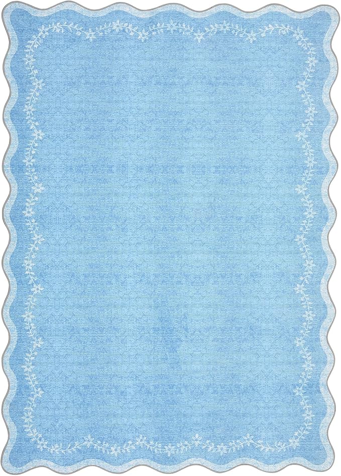 GarveeHome 5x7 Scalloped Area Rug Blue Washable Rugs for Living Room Bedroom, Soft Low Pile Non Slip Accent Floor Mat Solid Floral Print Throw Rug Indoor Carpet for Dorm Playroom