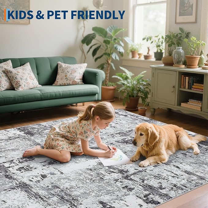 GarveeHome 5x7 Abstract Area Rug for Living Room Bedroom, Modern Washable Rugs Soft Low Pile Non Slip Accent Floor Mat Dark Grey Throw Rug Indoor Carpet Dining Room Playroom