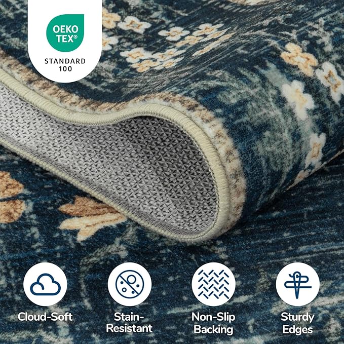 Lessymo Floral Living Room Rug 8x10 Area Rugs, Vintage Washable Rugs for Dining Room Bedroom, Low Pile Non Slip Rubber Mat, Distressed Indoor Boho Carpet, Navy/Beige