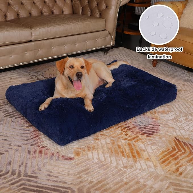 Bedfolks Waterproof Dog Crate Pad, Plush Washable Kennel Bed, Faux Fur, 47"x29", Dark Blue
