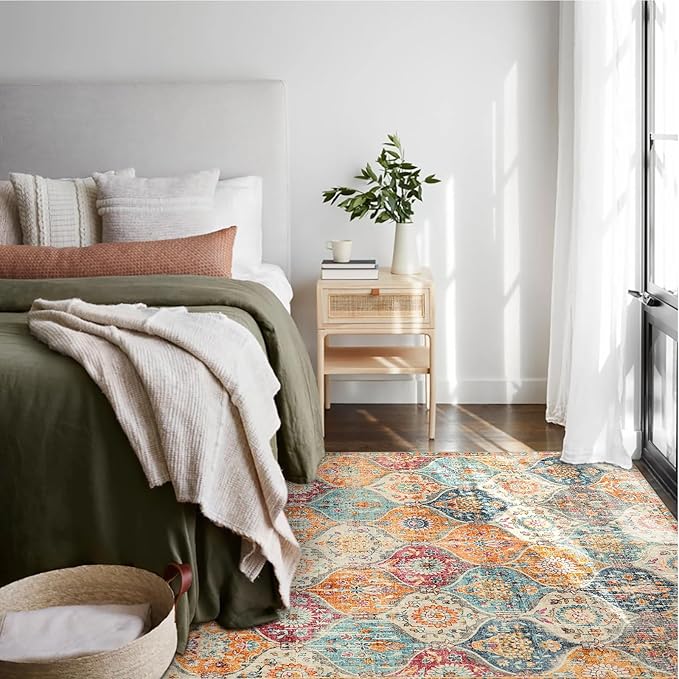 Lahome Moroccan 6x9 Rugs for Living Room, Soft Washable 6x9 Area Rug for Bedroom, Ultra-Thin Oriental Trellis Distressed Non Shedding Throw Large Carpet for Dining Room Office, Cream/Multi