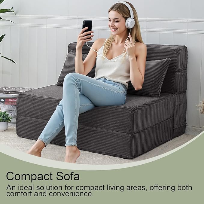 MeMoreCool Boneless Folding Sofa Bed – Corduroy 4-in-1 Convertible Futon Chair, Compact Floor Sleeper with Foam & Washable Cover, 1200 lb Capacity Couch Bed for Small Rooms, Dorms, Apartments