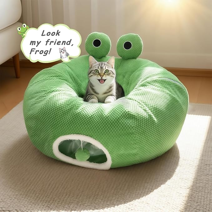 Cat Tunnel Bed for Indoor Cats, Peekaboo Cat Cave Bed,Soft Cat Donut Tunnel for Kitten Large Cats, Cute Frog Shaped