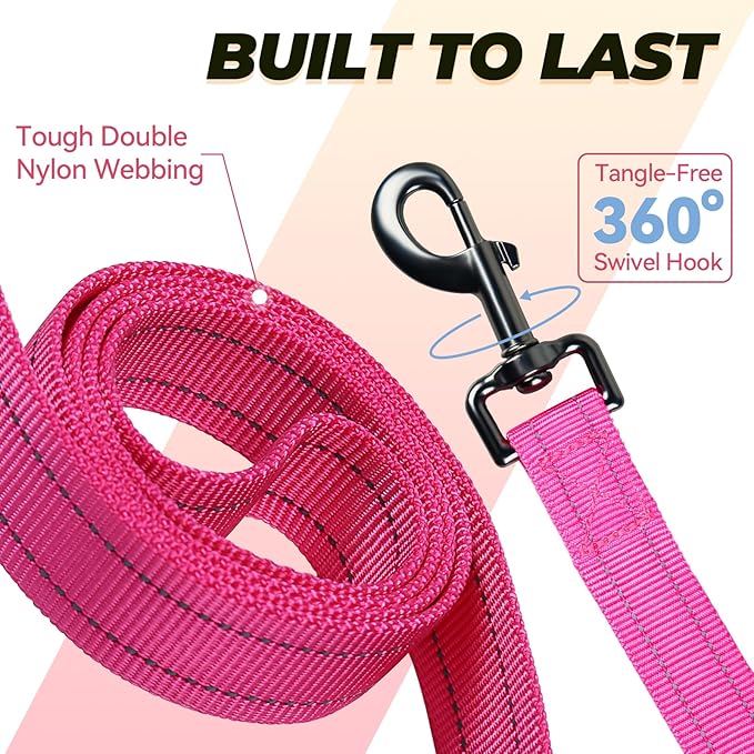 VIVAGLORY Twingrip Dog Leash, Double Handle Dog Leash for Training & Walking with Traffic Handle & 2 Loop, Traffic Control Reflective Heavy Duty for Puppy Pet, 5ft x 1in, Pink