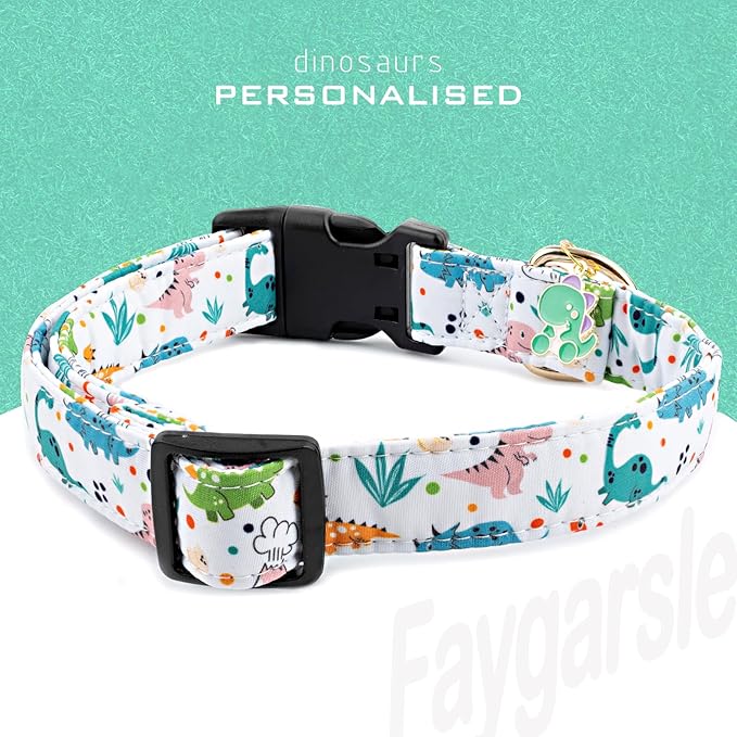 Faygarsle White Dinosaurs Print Cotton Dog Collar for Small, Medium, Large Boys Girls Dogs M