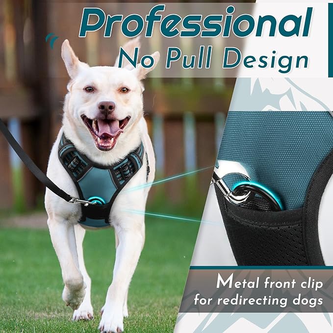 Eagloo Dog Harness for Large Dogs, No Pull Service Vest with Reflective Strips and Control Handle, Adjustable and Comfortable for Easy Walking, No Choke Pet Harness with 2 Metal Rings, Dark Green, L