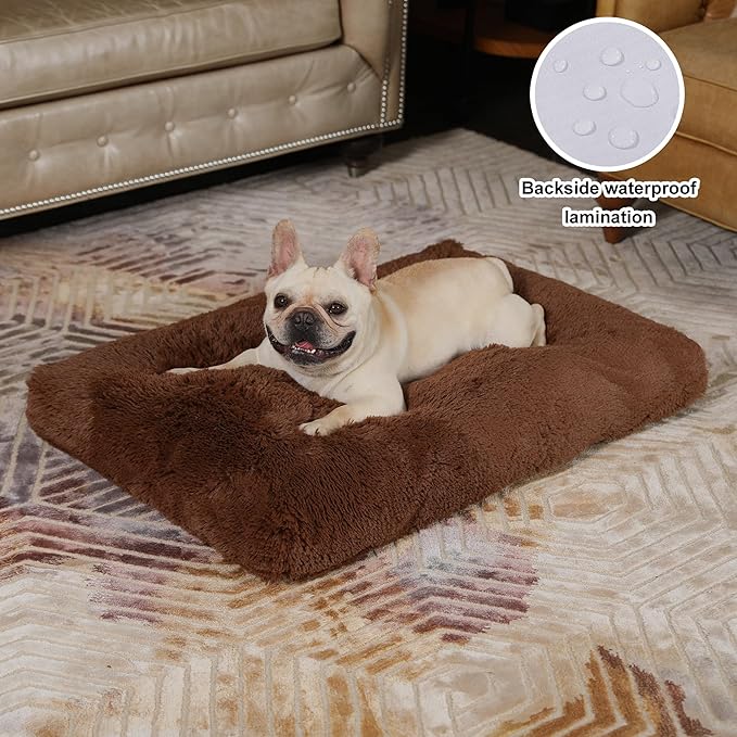 Bedfolks Plush Waterproof Dog Crate Bed, Pad with Removable Cover, Faux Fur, Washable Kennel Bed 29"x21", Solid Brown