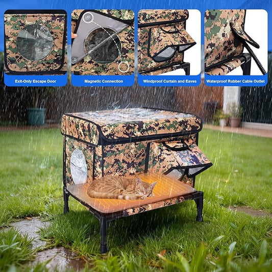 Heated Outdoor Cat House Weatherproof, Large Insulated Cat House for Indoor, Winter Stray/Feral Cat Shelter (Camouflage Cat House, Small-17×13"×12")